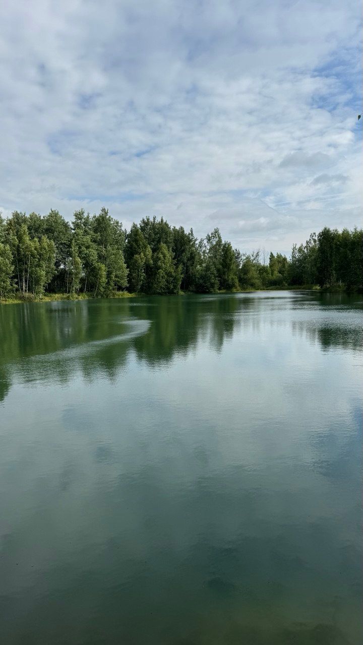 Озеро в обрамлении леса, в спокойной воде отражаются облака